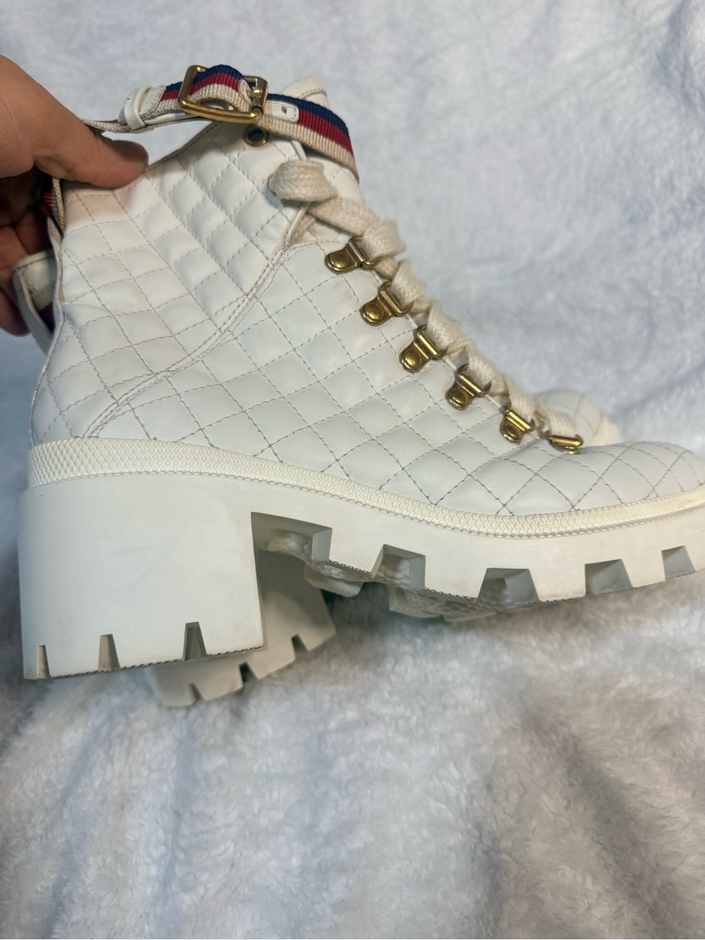 Gucci White Quilted Lace-Up Platform Ankle Boots with Red and Blue Stripe - Picture 13 of 16